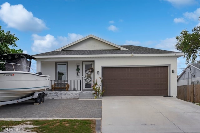 ranch-style home with fence, a porch, stucco siding, concrete driveway, and a garage