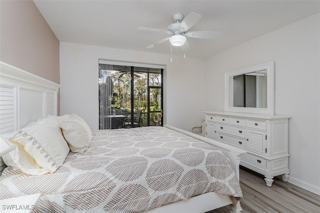 bedroom with access to exterior, light wood-style flooring, baseboards, and ceiling fan