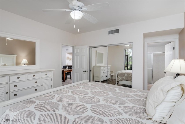 bedroom featuring ceiling fan and visible vents