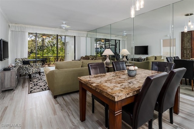 dining area featuring a ceiling fan and light wood-type flooring