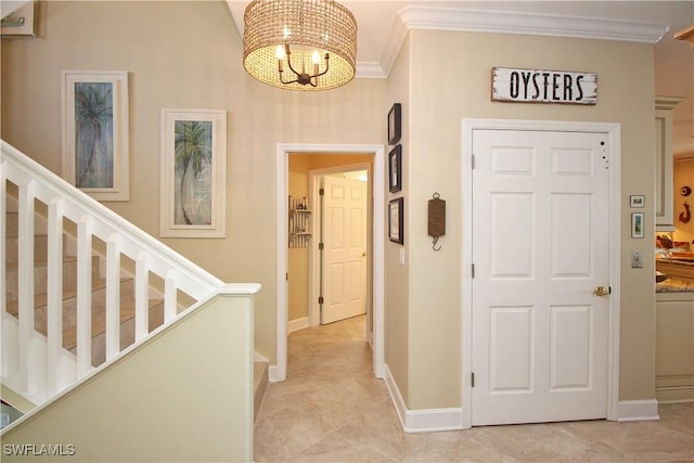 hallway with baseboards, stairs, a chandelier, and crown molding