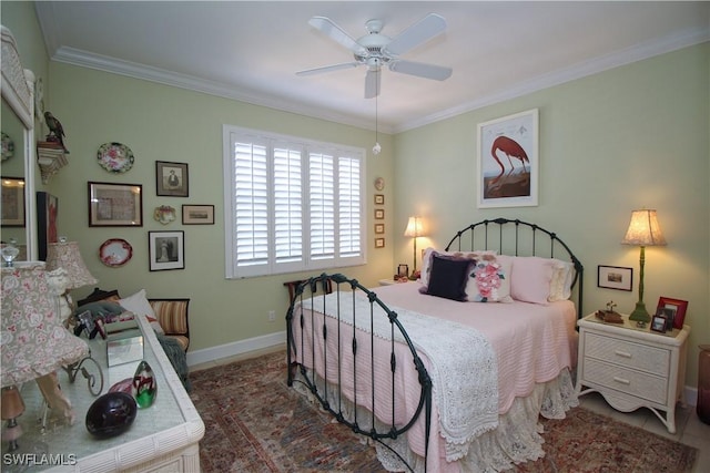 tiled bedroom featuring baseboards, ornamental molding, and ceiling fan