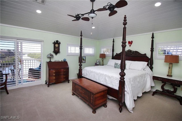 bedroom with carpet floors, recessed lighting, a ceiling fan, ornamental molding, and access to outside