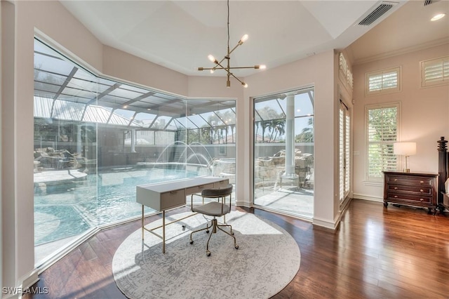 home office featuring baseboards, visible vents, a sunroom, wood finished floors, and recessed lighting