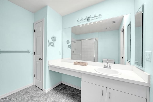 bathroom featuring a stall shower, visible vents, baseboards, and vanity