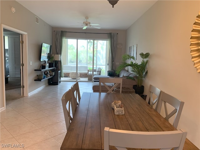 dining room with a ceiling fan, visible vents, baseboards, and light tile patterned floors