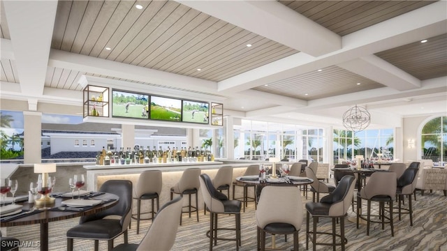 14328 Harbour Landings Dr Unit 18C, Fort Myers, FL 33908 - bar featuring beam ceiling, coffered ceiling, a chandelier, and recessed lighting
