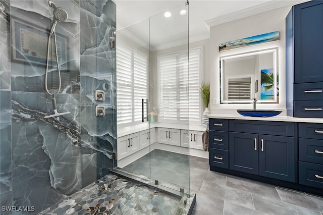 full bathroom featuring recessed lighting, a marble finish shower, vanity, and crown molding