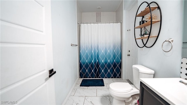 full bath with toilet, marble finish floor, a shower with shower curtain, and vanity