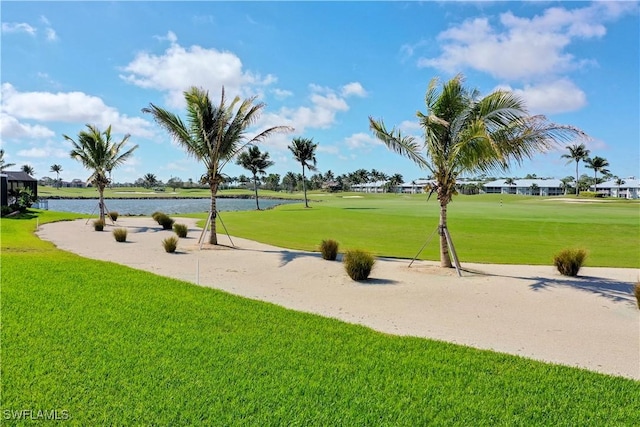 surrounding community featuring a water view and a yard