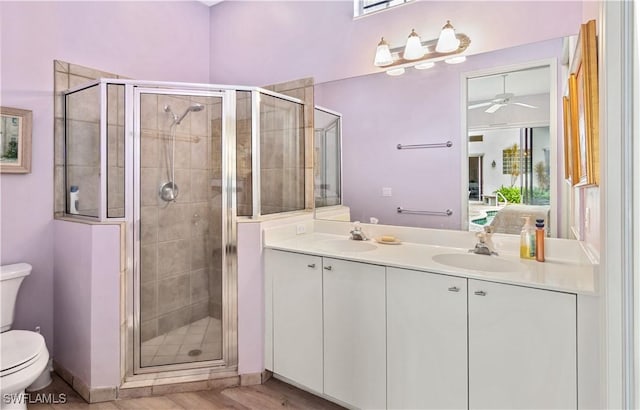 ensuite bathroom featuring toilet, a stall shower, connected bathroom, and a sink