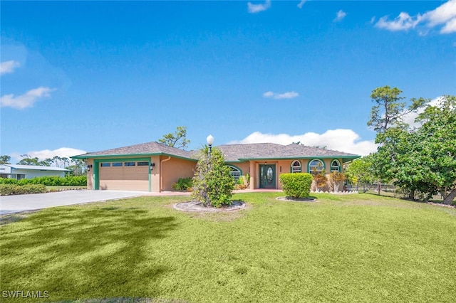 single story home with a garage, driveway, fence, a front yard, and stucco siding