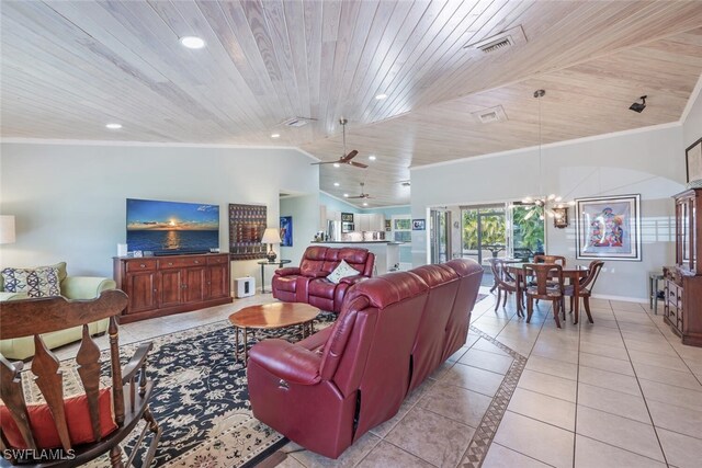 living room with vaulted ceiling, recessed lighting, wooden ceiling, and crown molding