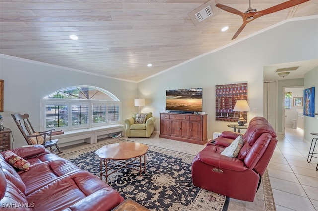 living area with light tile patterned floors, visible vents, lofted ceiling, wood ceiling, and crown molding