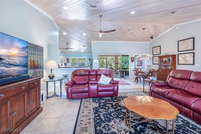 living room with light tile patterned floors, vaulted ceiling, wood ceiling, and crown molding