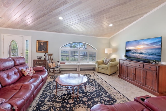 living room with light tile patterned floors, lofted ceiling, recessed lighting, wood ceiling, and ornamental molding