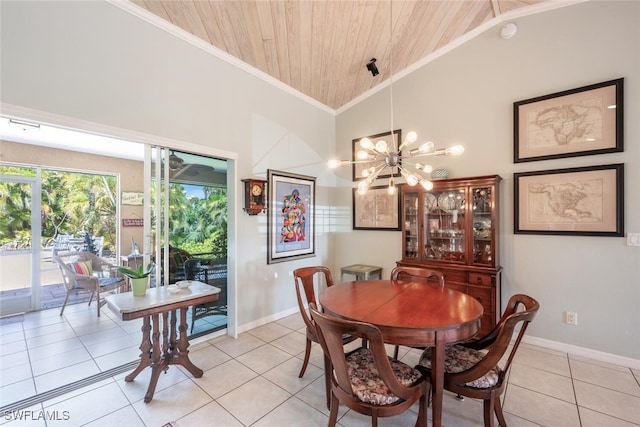 dining area with baseboards, wood ceiling, vaulted ceiling, crown molding, and light tile patterned flooring