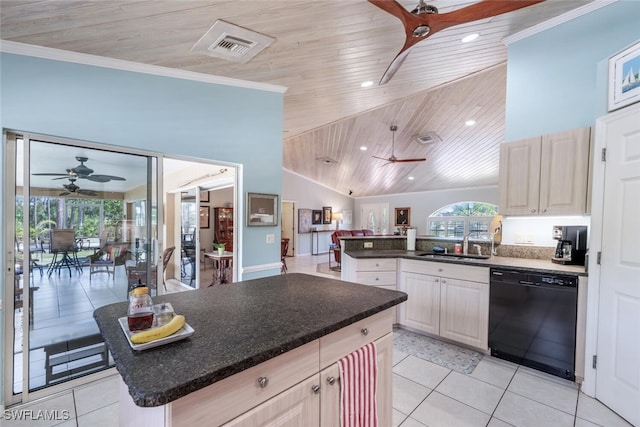 kitchen with a ceiling fan, dishwasher, wooden ceiling, a peninsula, and crown molding