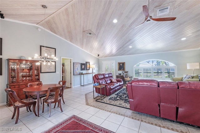 living area featuring crown molding, recessed lighting, visible vents, wooden ceiling, and tile patterned floors