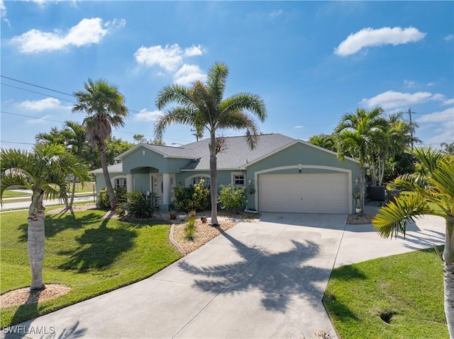 ranch-style home with a garage, a front lawn, concrete driveway, and stucco siding