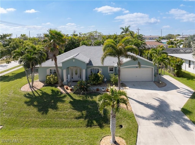 ranch-style house with an attached garage, driveway, a front lawn, and stucco siding