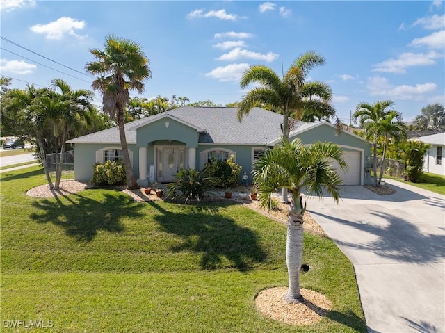 ranch-style house with a garage, stucco siding, concrete driveway, and a front yard