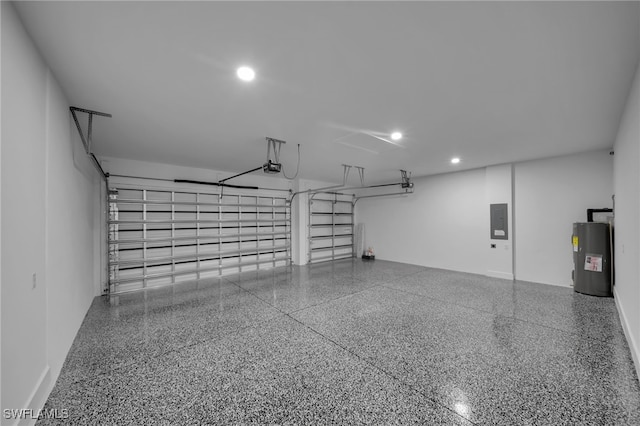 garage with water heater, recessed lighting, electric panel, and a garage door opener