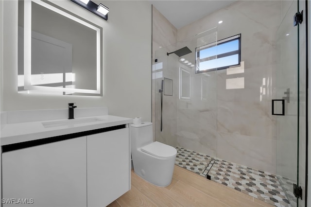 bathroom with vanity, wood finished floors, a shower stall, and toilet