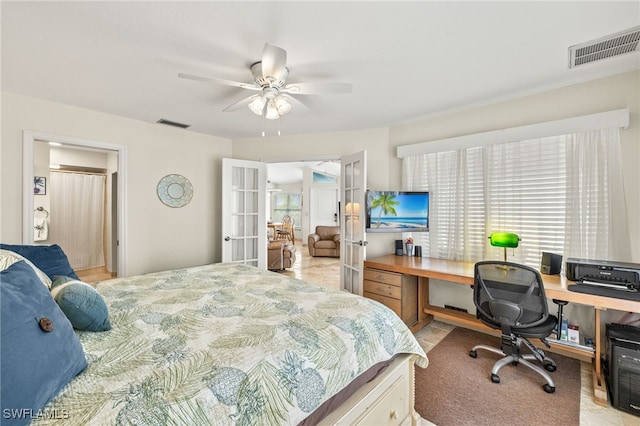 bedroom with a ceiling fan, french doors, and visible vents