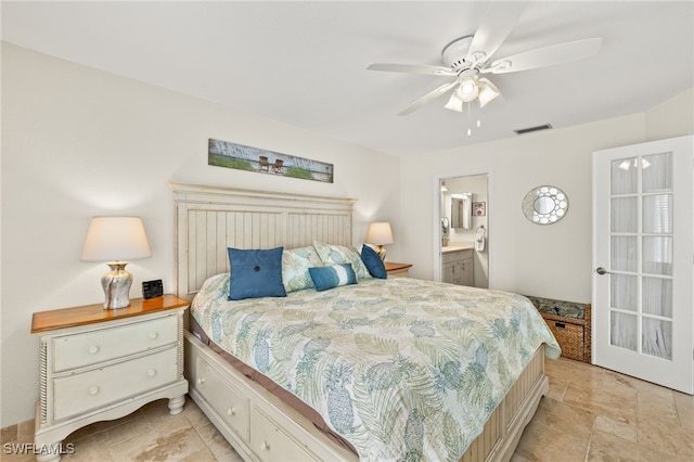 bedroom featuring visible vents, ceiling fan, and ensuite bathroom