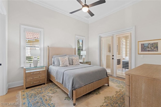 bedroom featuring access to exterior, light wood-style flooring, ornamental molding, ceiling fan, and baseboards