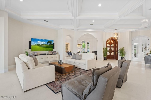 living area featuring arched walkways, coffered ceiling, crown molding, french doors, and beam ceiling