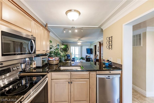 kitchen with appliances with stainless steel finishes, ornamental molding, a sink, and light brown cabinetry