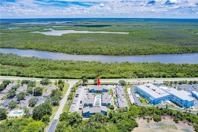 aerial view with a water view and a view of trees