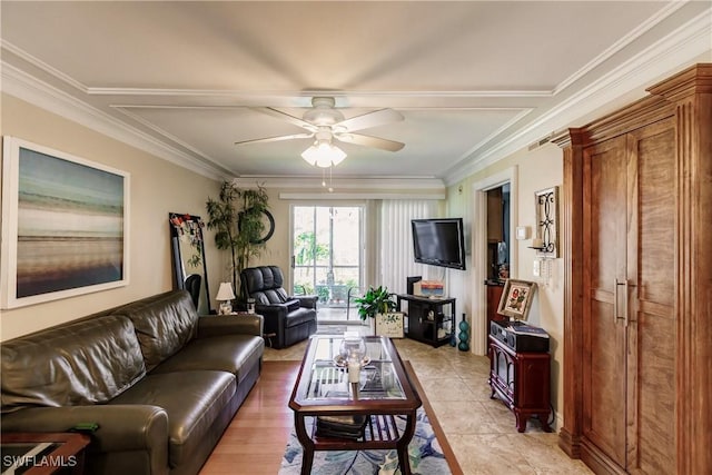 living area with a ceiling fan and crown molding