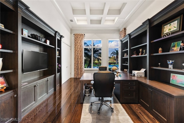 home office with coffered ceiling, dark wood finished floors, visible vents, and beamed ceiling