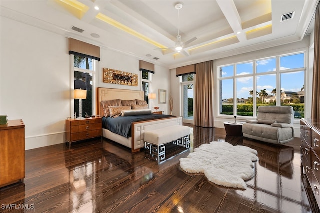 bedroom with beamed ceiling, coffered ceiling, visible vents, and baseboards