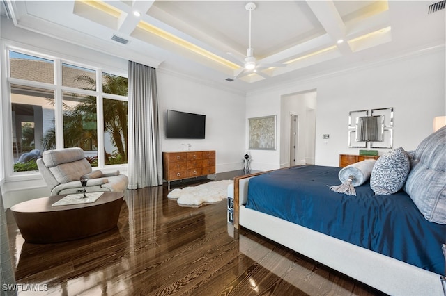 bedroom with coffered ceiling, beamed ceiling, visible vents, and wood finished floors