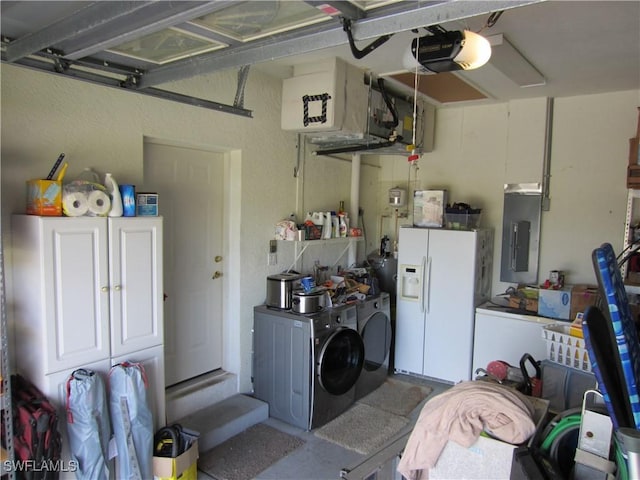620 Mirror Lakes Falls Ct, Lehigh Acres, FL 33974 - garage featuring white fridge with ice dispenser, separate washer and dryer, electric panel, and a garage door opener