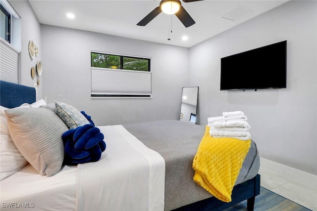 bedroom with recessed lighting and ceiling fan