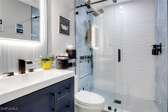 bathroom with a stall shower, vanity, and toilet