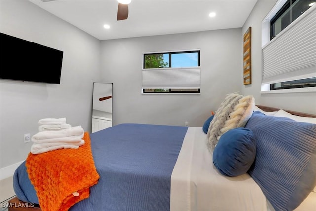 bedroom featuring a ceiling fan and recessed lighting