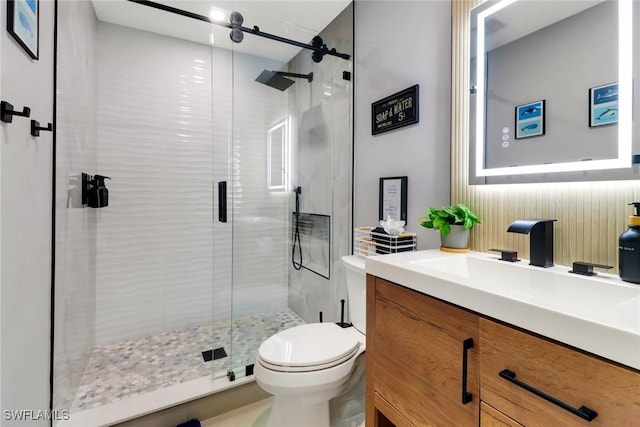 bathroom with a shower stall, toilet, and vanity