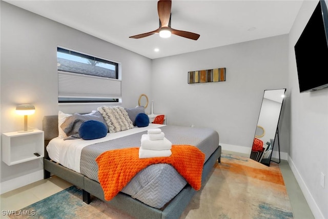 bedroom with recessed lighting, ceiling fan, and baseboards