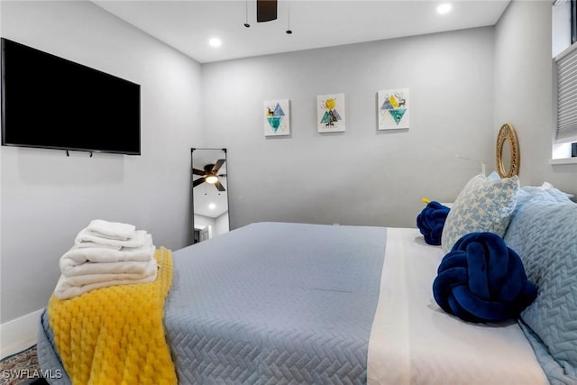 bedroom featuring a ceiling fan and recessed lighting