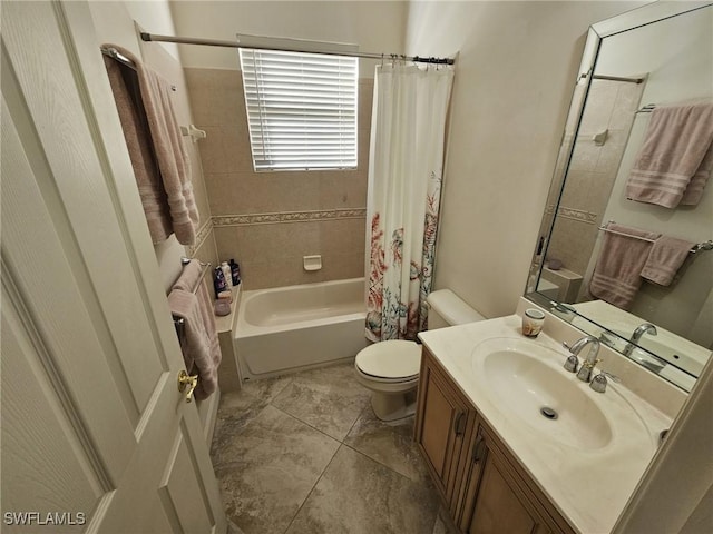 full bath featuring toilet, tile patterned floors, shower / bath combination with curtain, and vanity