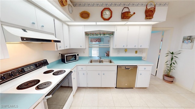 kitchen featuring stainless steel appliances, light countertops, white cabinets, a sink, and under cabinet range hood