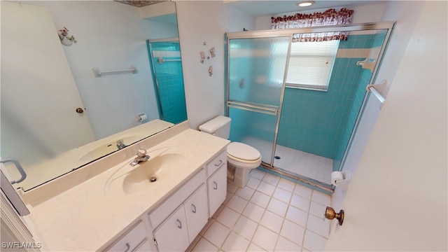 bathroom with a stall shower, vanity, toilet, and tile patterned floors