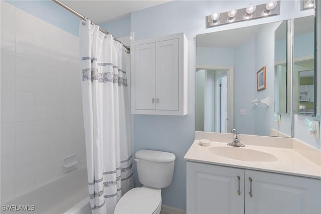 full bathroom with toilet, shower / bathtub combination with curtain, and vanity