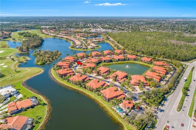 birds eye view of property featuring a residential view and a water view